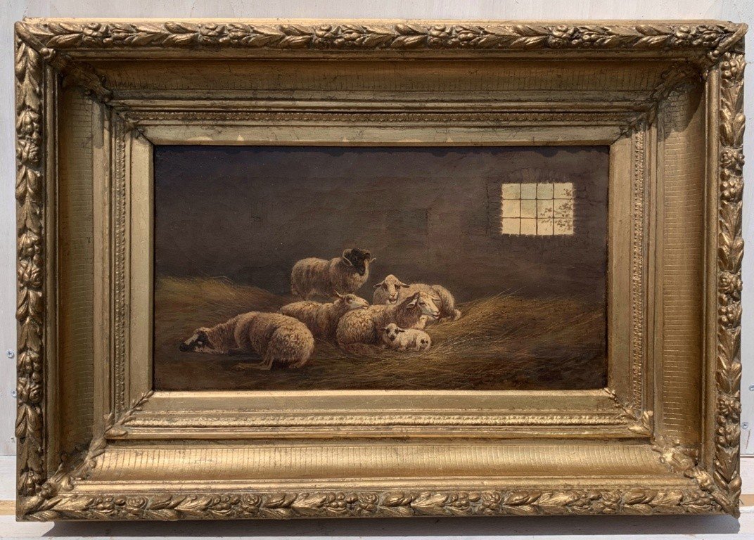 Pittore italiano (XIX sec.) - Pecore nella stalla.-photo-2
