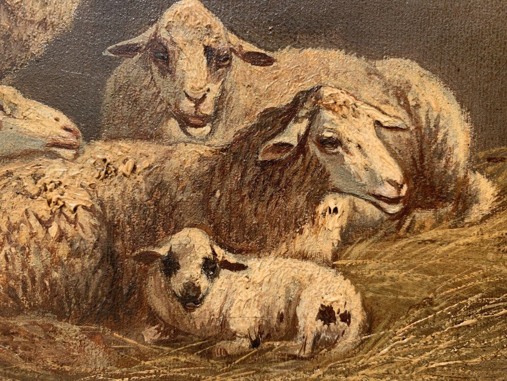 Pittore italiano (XIX sec.) - Pecore nella stalla.-photo-4