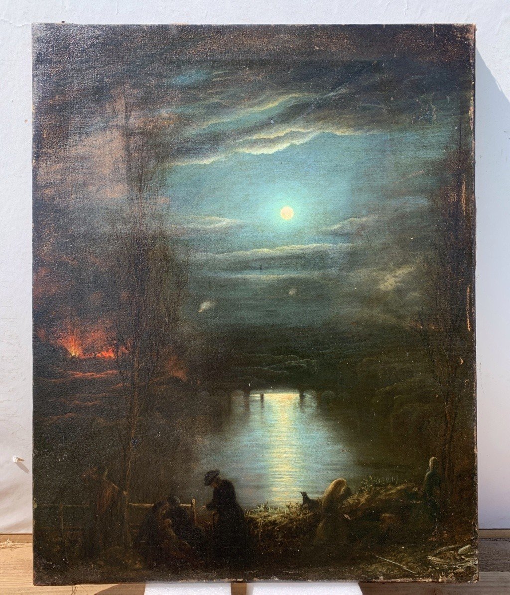 Pittore italiano (inizi XIX sec.) - Paesaggio al chiaro di luna con incendio.-photo-2
