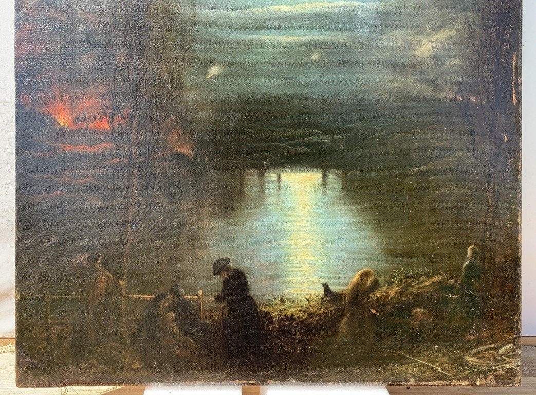 Pittore italiano (inizi XIX sec.) - Paesaggio al chiaro di luna con incendio.-photo-3