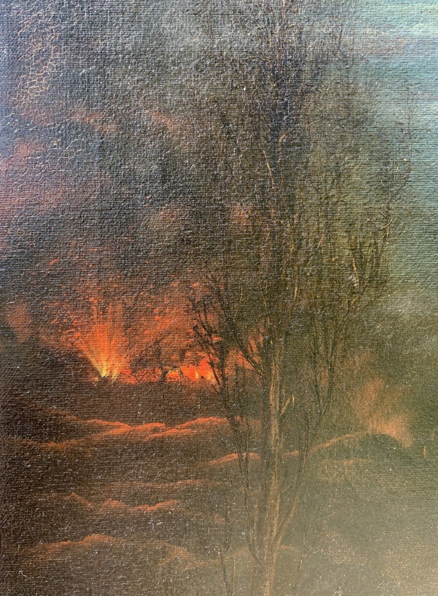 Pittore italiano (inizi XIX sec.) - Paesaggio al chiaro di luna con incendio.-photo-4