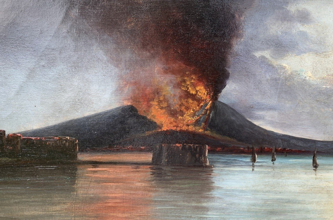 Pittore italiano (XIX sec.) - Golfo di Napoli con eruzione del Vesuvio.-photo-3