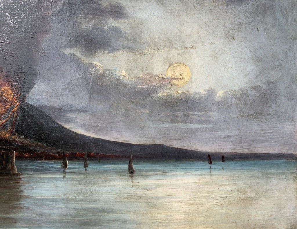 Pittore italiano (XIX sec.) - Golfo di Napoli con eruzione del Vesuvio.-photo-4