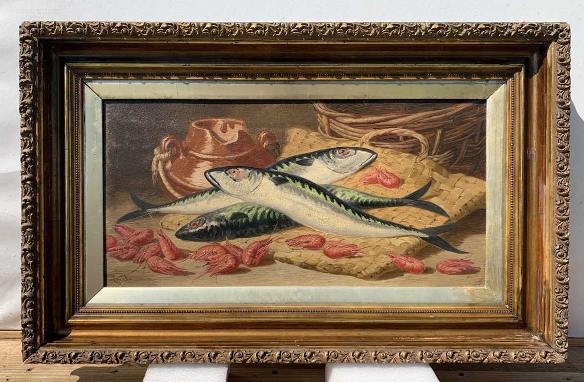 Charles Thomas Bale (British, 1866 - 1895) - Natura morta di pesci e gamberi.-photo-2