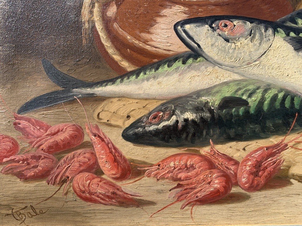 Charles Thomas Bale (British, 1866 - 1895) - Natura morta di pesci e gamberi.-photo-3