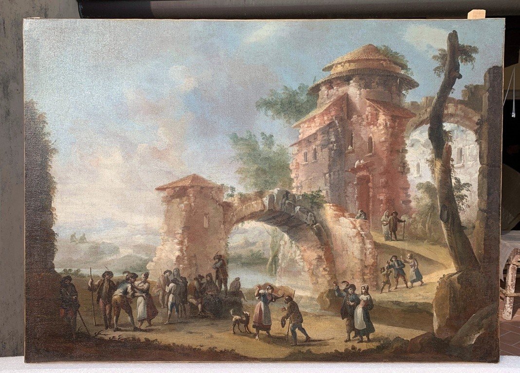 Pittore italiano (XVIII sec.) - Paesaggio con rovine e personaggi.-photo-2