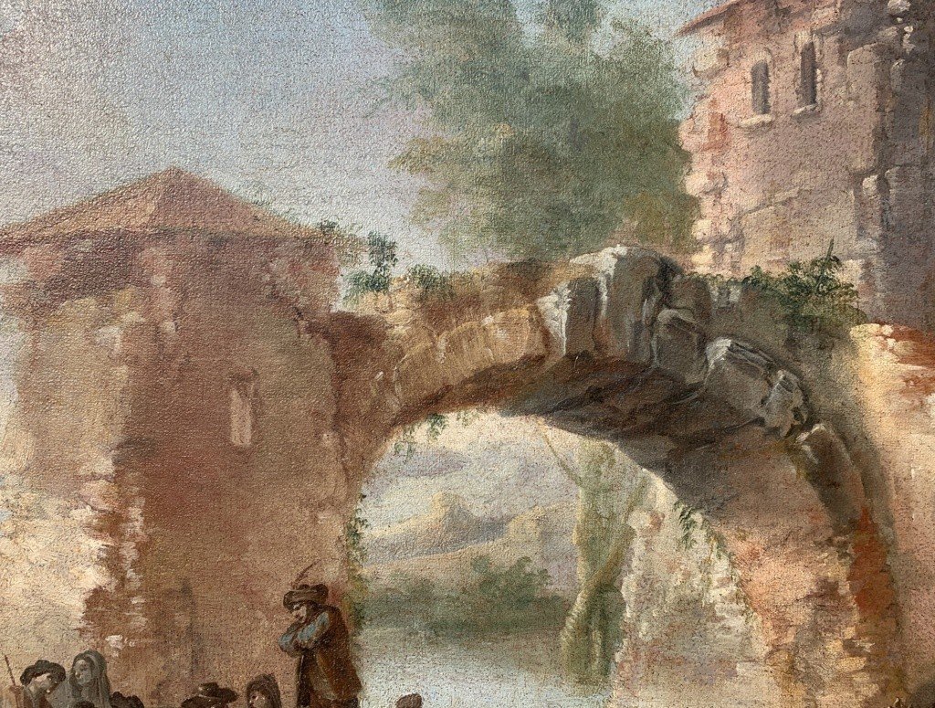 Pittore italiano (XVIII sec.) - Paesaggio con rovine e personaggi.-photo-4
