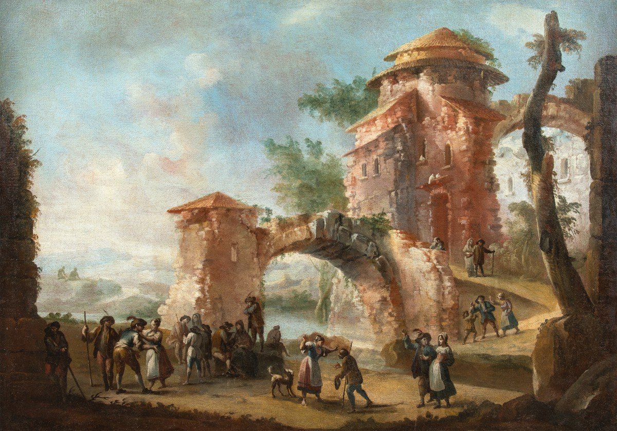 Pittore italiano (XVIII sec.) - Paesaggio con rovine e personaggi.