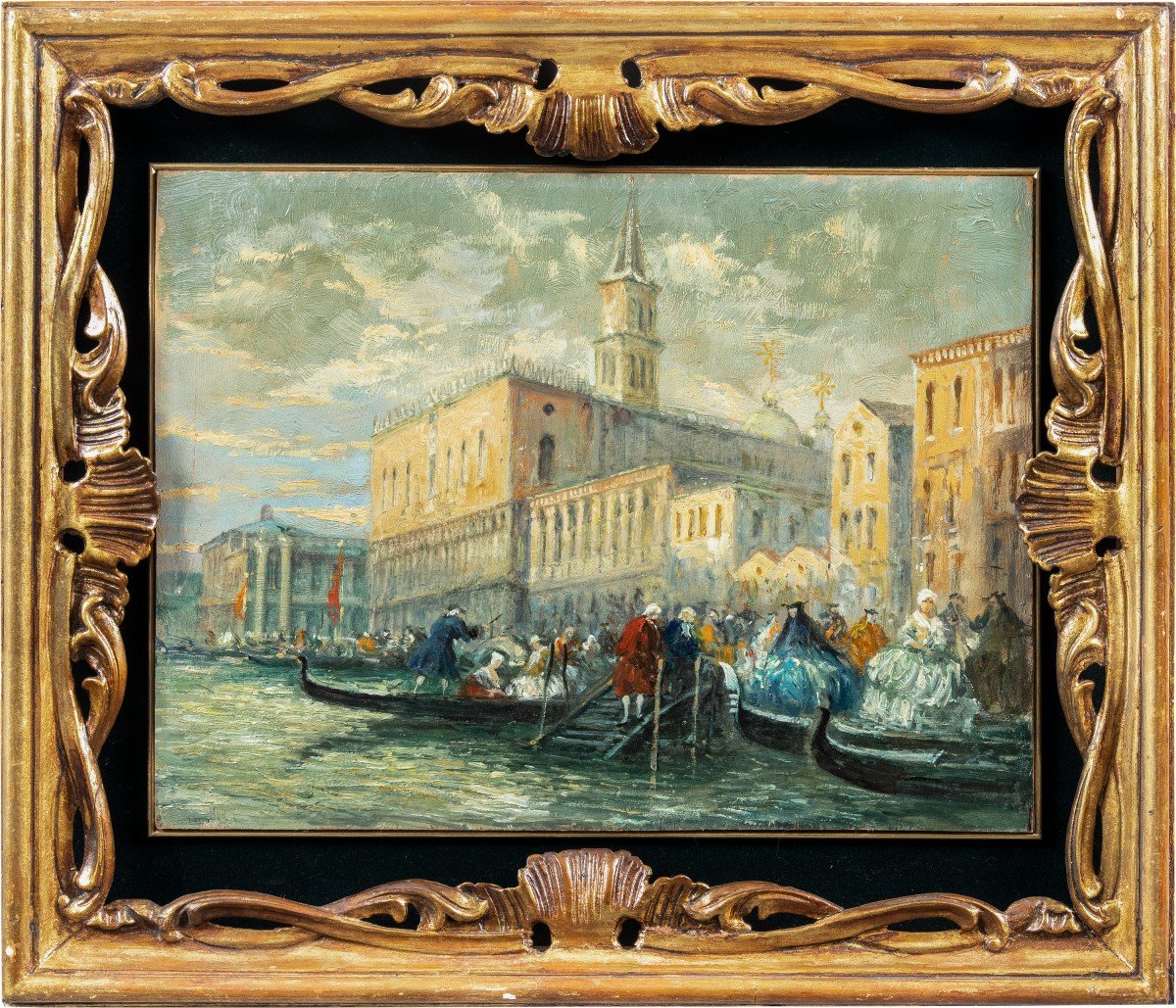 Pittore veneziano (fine XIX sec.) - Venezia, veduta della Riva degli Schiavoni con maschere di 