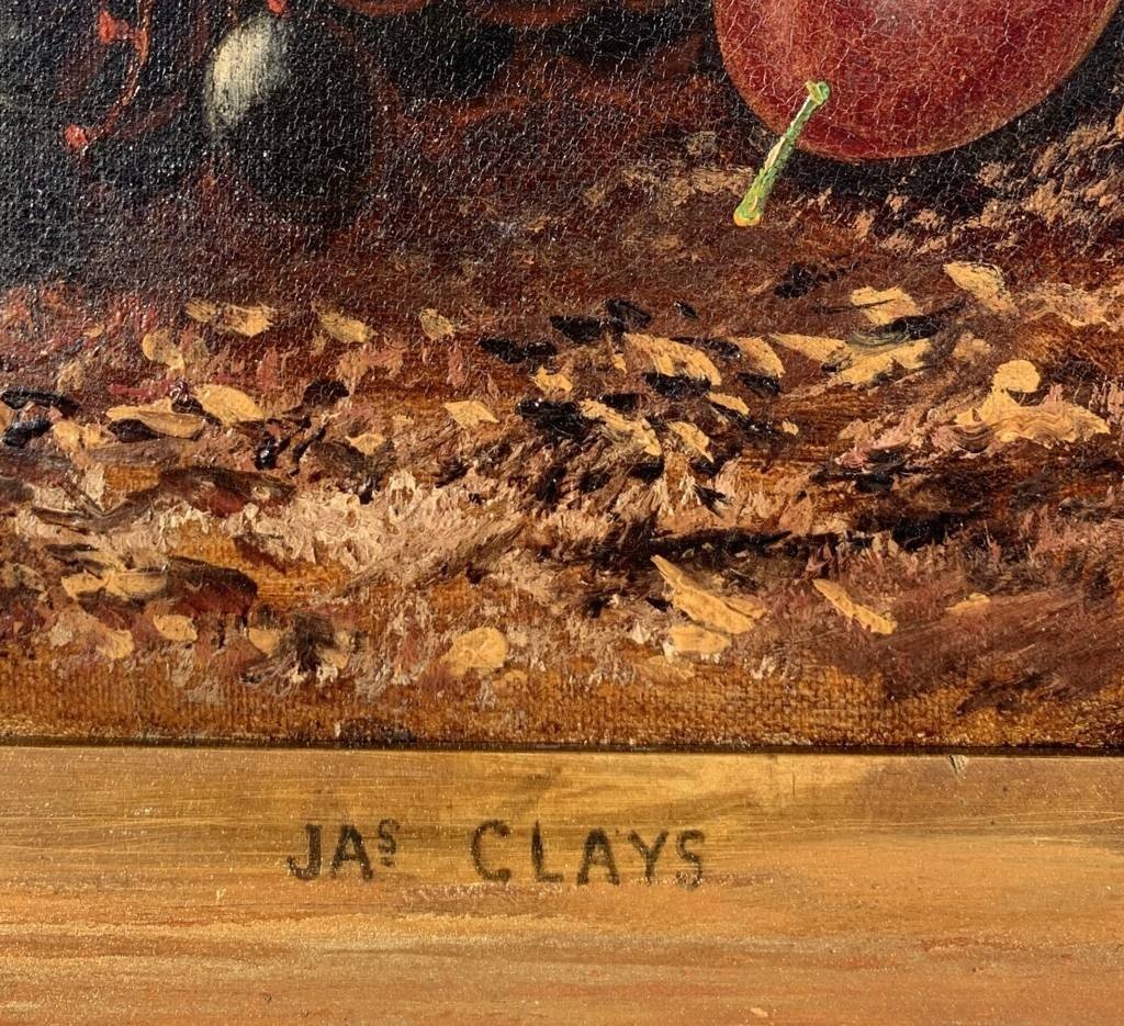 J. Clays (British, XIX-XX sec.) - Natura morta con cesto di frutta.-photo-4