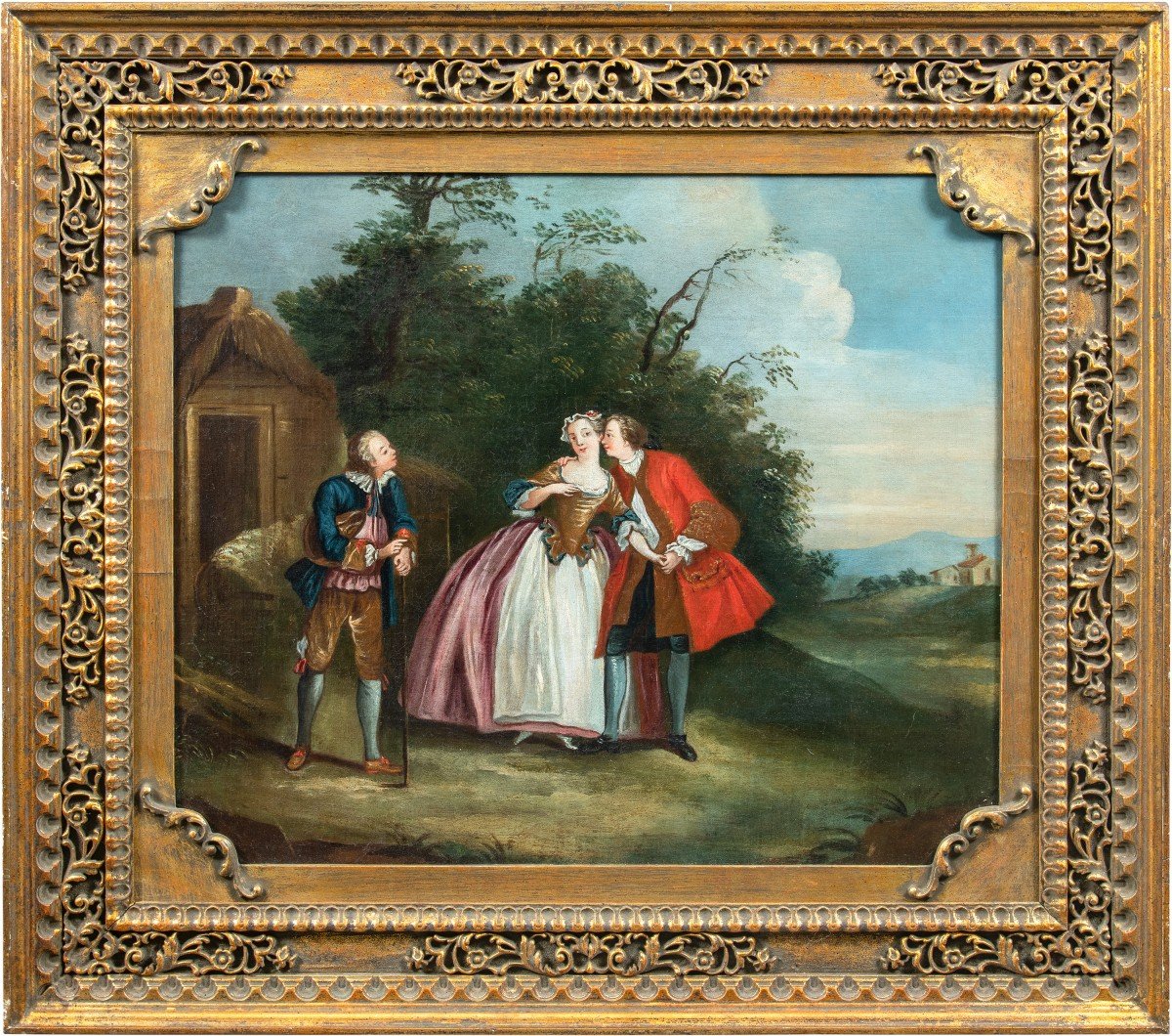 Seguace di Nicolas Lancret (Parigi 1690 - Parigi 1743) - Scena galante in un paesaggio.