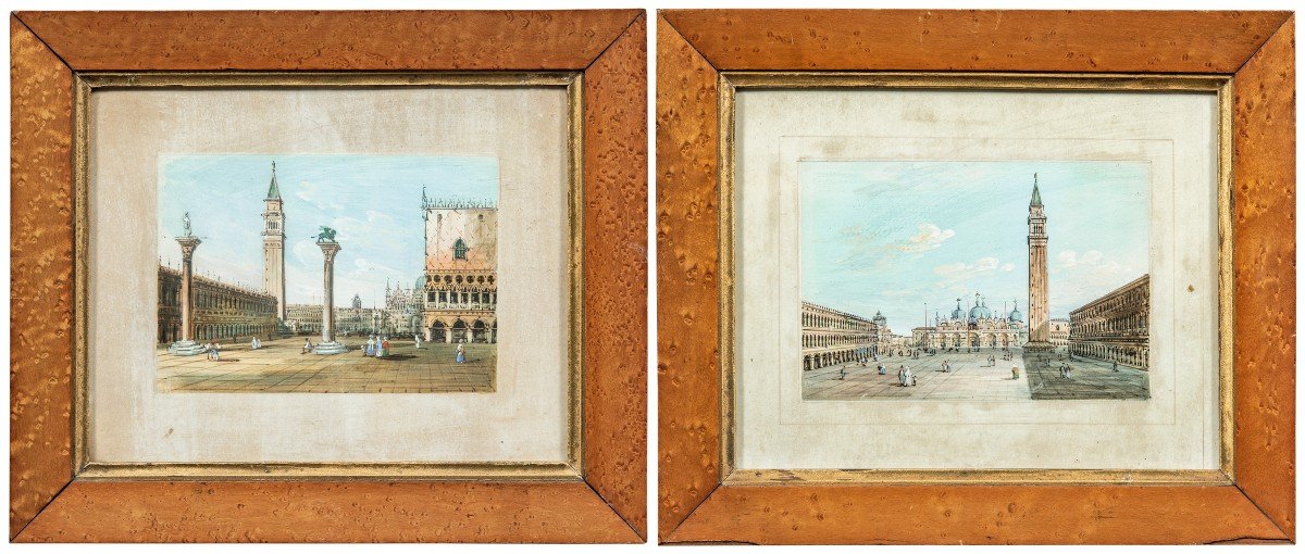 Carlo Grubacs (Perasto 1801 - Venezia 1870) - Venezia, coppia di vedute di Piazza S. Marco e de