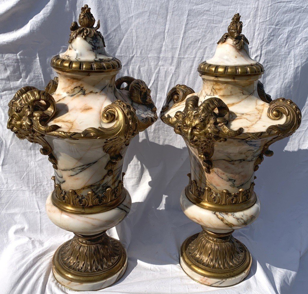 Coppia di vasi in marmo e bronzo dorato (Fonderia Susse Frères). Parigi, XIX sec.-photo-3