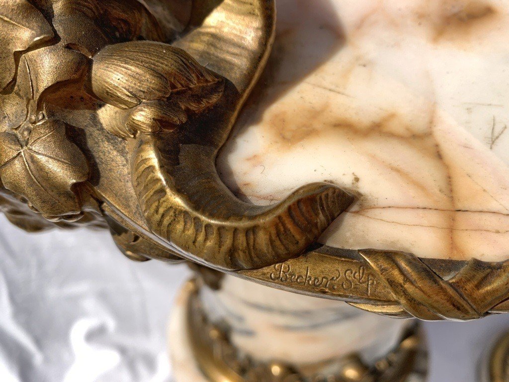 Coppia di vasi in marmo e bronzo dorato (Fonderia Susse Frères). Parigi, XIX sec.-photo-1