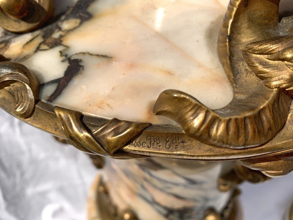 Coppia di vasi in marmo e bronzo dorato (Fonderia Susse Frères). Parigi, XIX sec.-photo-2