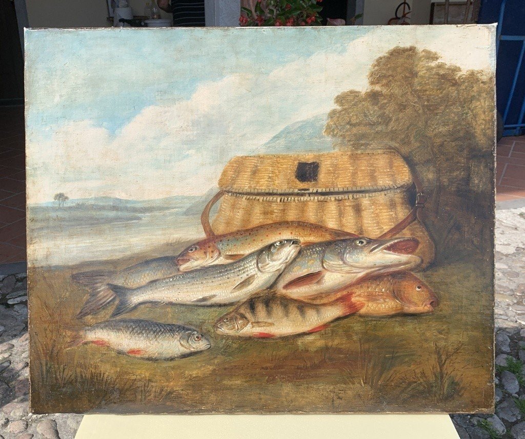 Pittore europeo (XIX sec.) - Natura morta di pesci.-photo-2