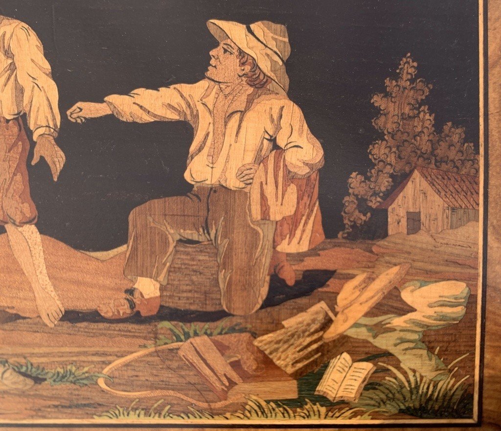 Scatola in legno intarsiato e pirografato. Sorrento, XIX secolo.-photo-1