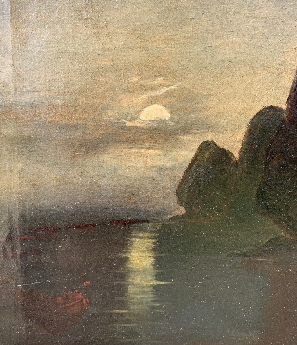 Pittore inglese (inizi XIX sec.) - Barche al chiaro di luna sul Tamigi.-photo-4