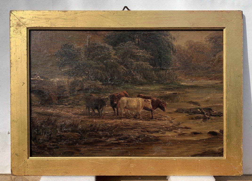 Pittore inglese (XIX secolo) - Tori al ruscello.-photo-2