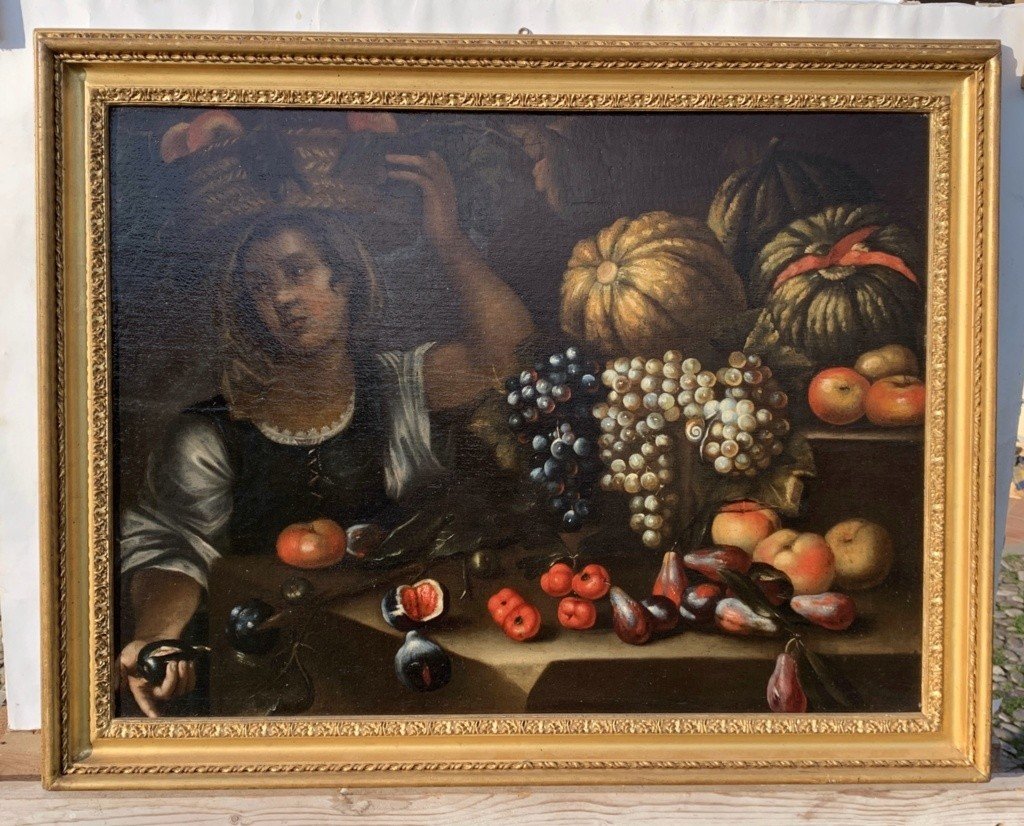 Francesco Annicini (Roma 1632 - post 1679) - Natura morta con fruttivendola.-photo-2