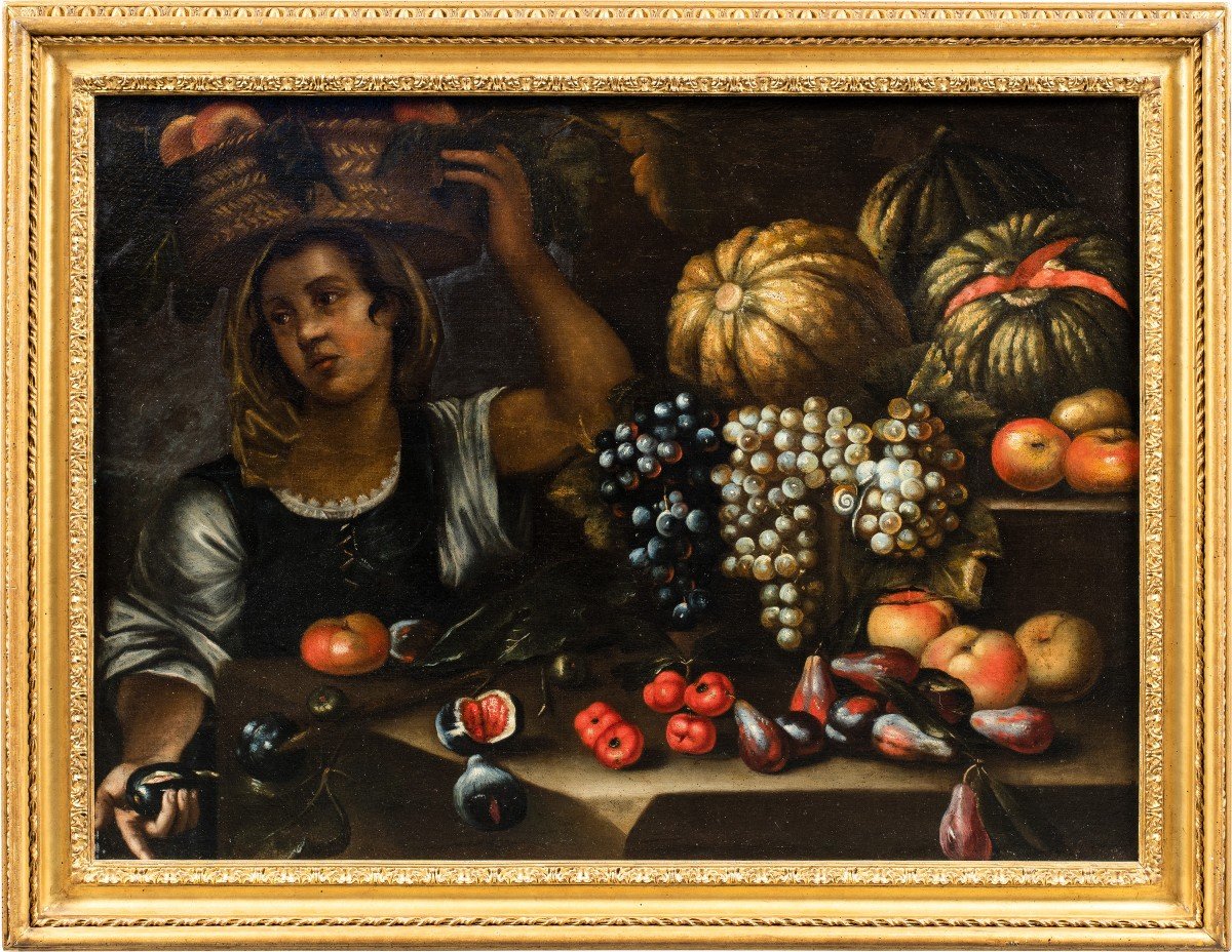Francesco Annicini (Roma 1632 - post 1679) - Natura morta con fruttivendola.