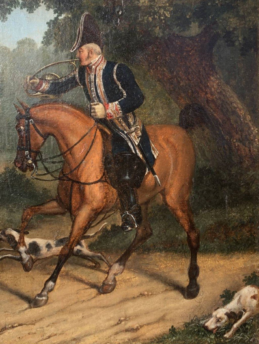 Pittore inglese (XIX sec.) - Cavaliere e levrieri da caccia.-photo-3