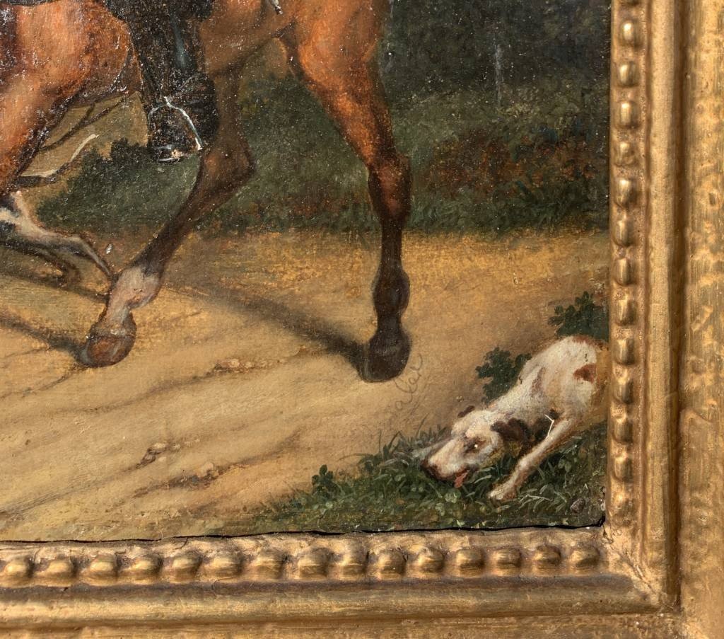 Pittore inglese (XIX sec.) - Cavaliere e levrieri da caccia.-photo-4