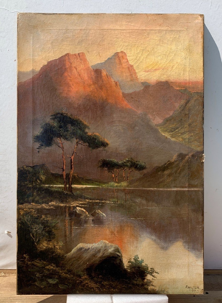 F. Walters (British, datato 1918) - Paesaggi in montagna al mattino e al tramonto.-photo-2