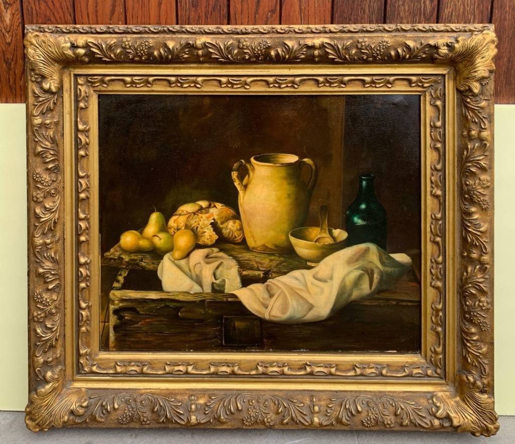 Pittore italiano (XIX-XX sec.) - Natura morta con vaso e pere.-photo-2