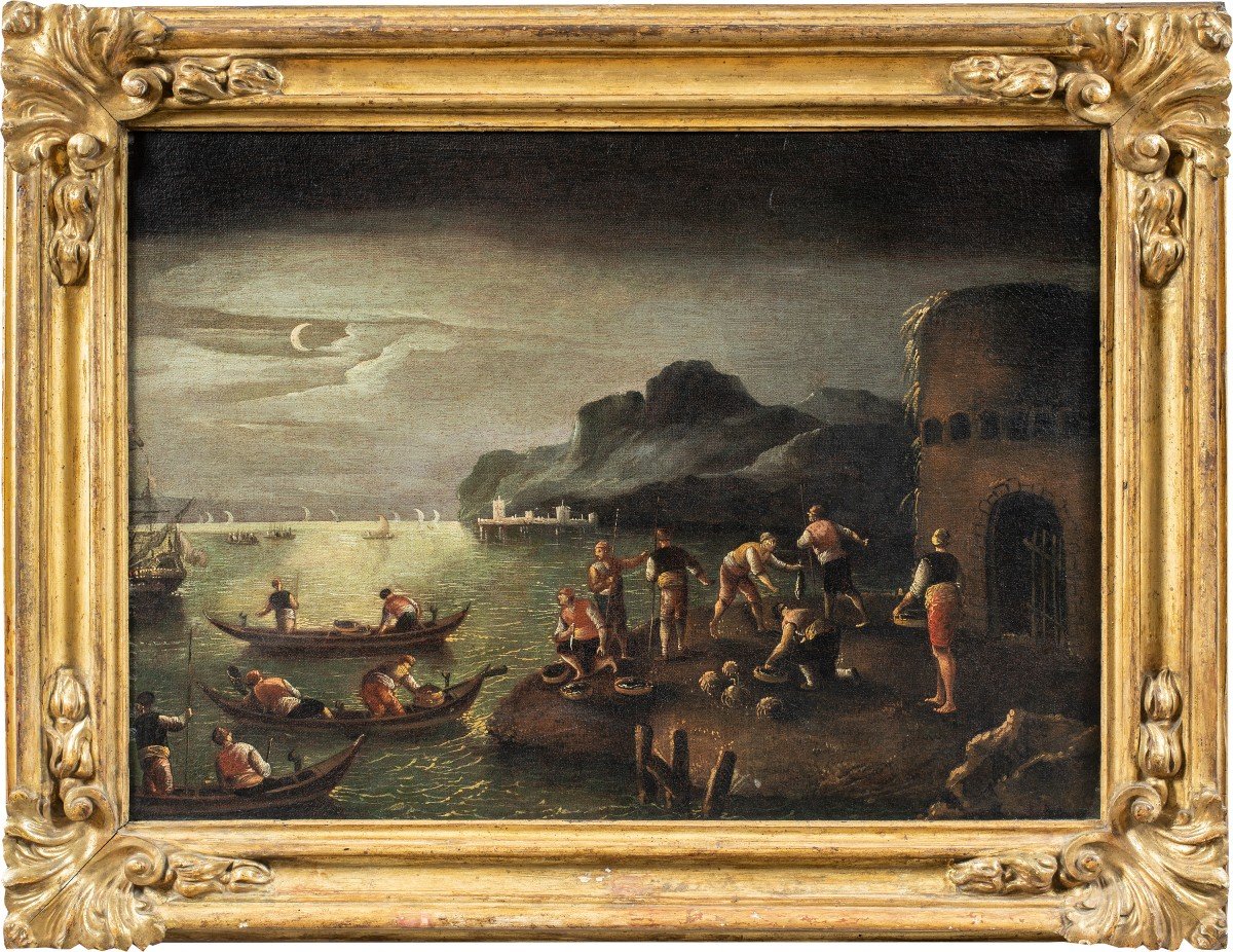 Maestro italiano (fine XVII sec.) - Paesaggio al chiaro di luna.