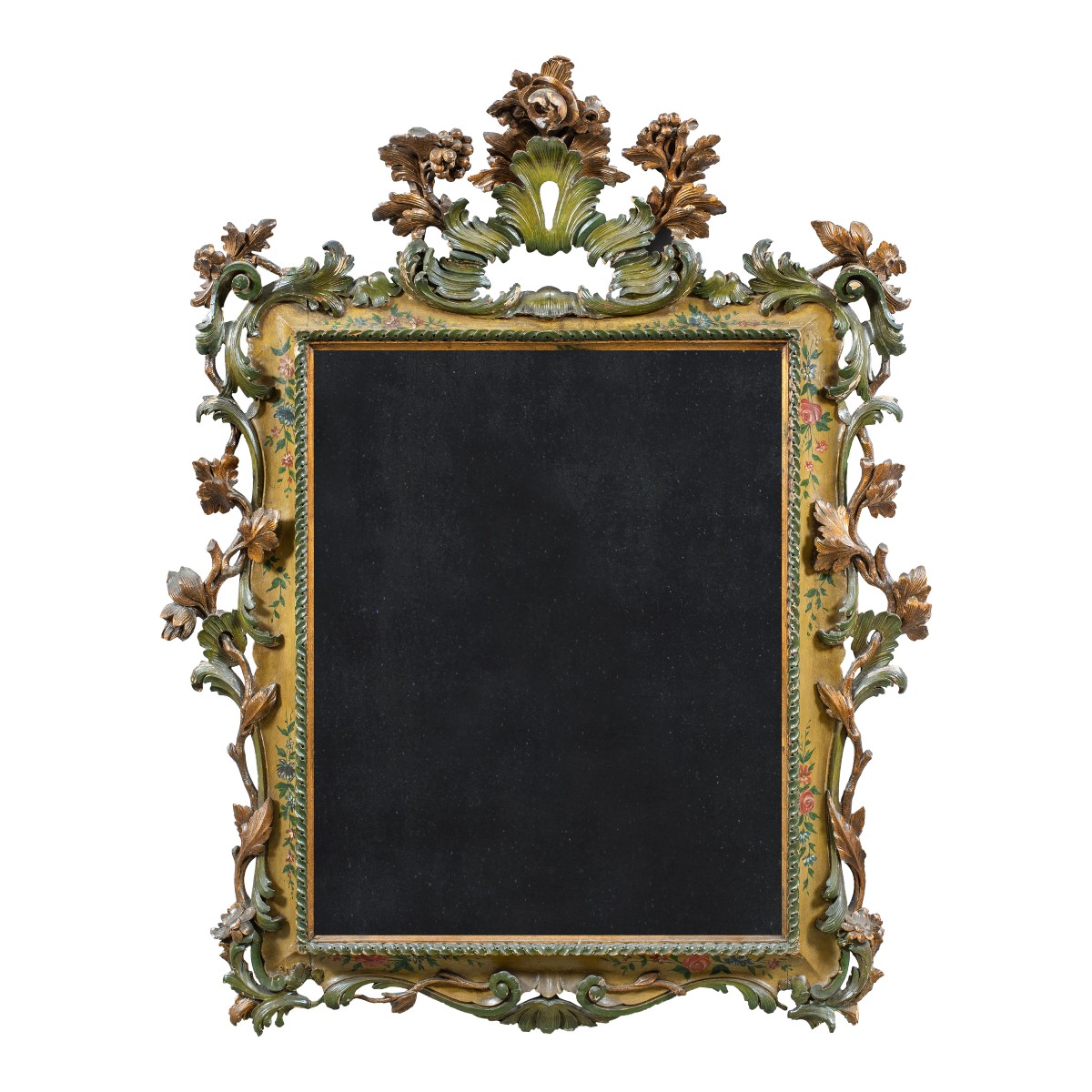 Specchiera in legno intagliato, laccato e dipinto. Venezia, XIX secolo.