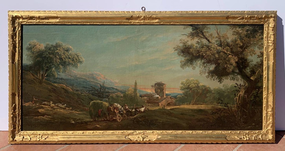 Antonio Diziani (Venezia 1737 - Venezia 1797) - Paesaggio bucolico con personaggi e carro.-photo-1