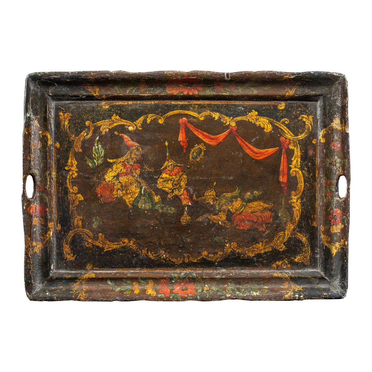 Vassoio in legno laccato e dipinto. Venezia, XVIII secolo.