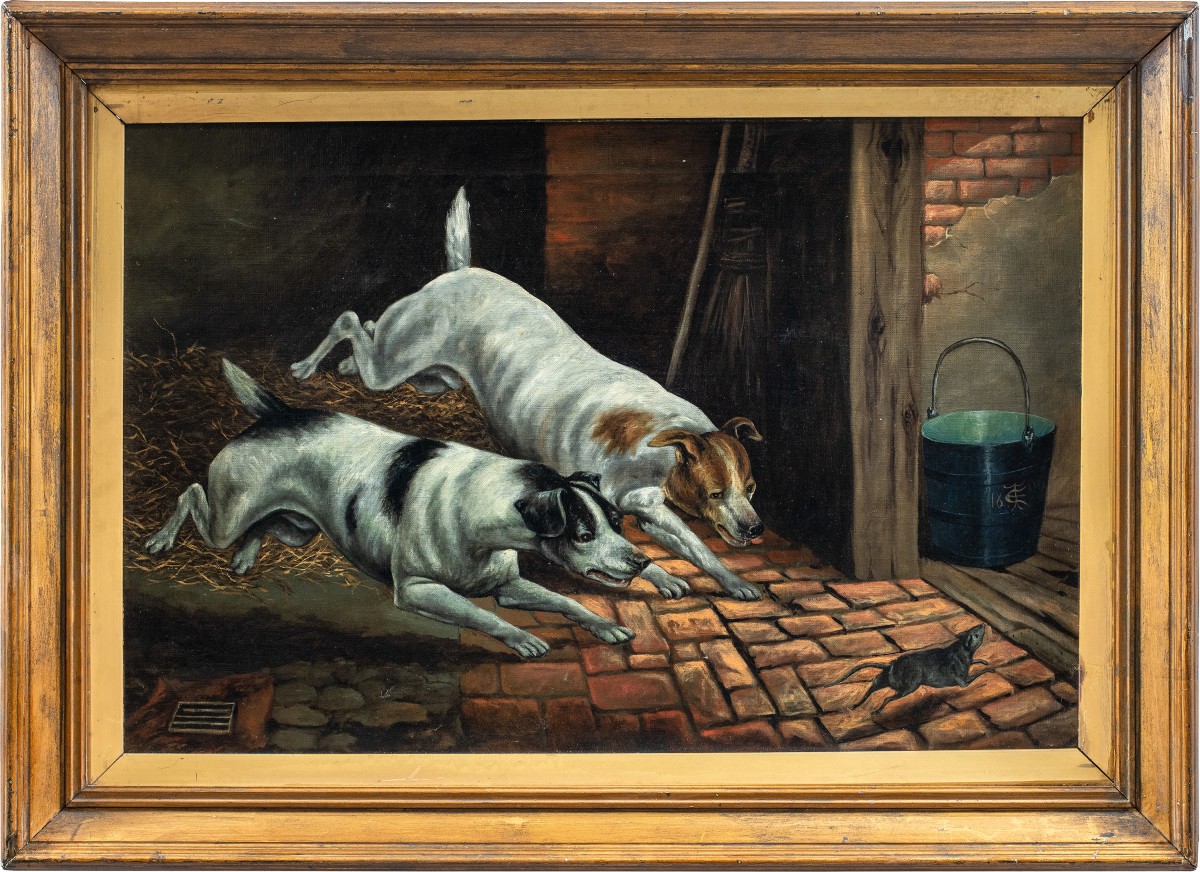 Pittore britannico (datato 1899) - Cani inseguono il topo.