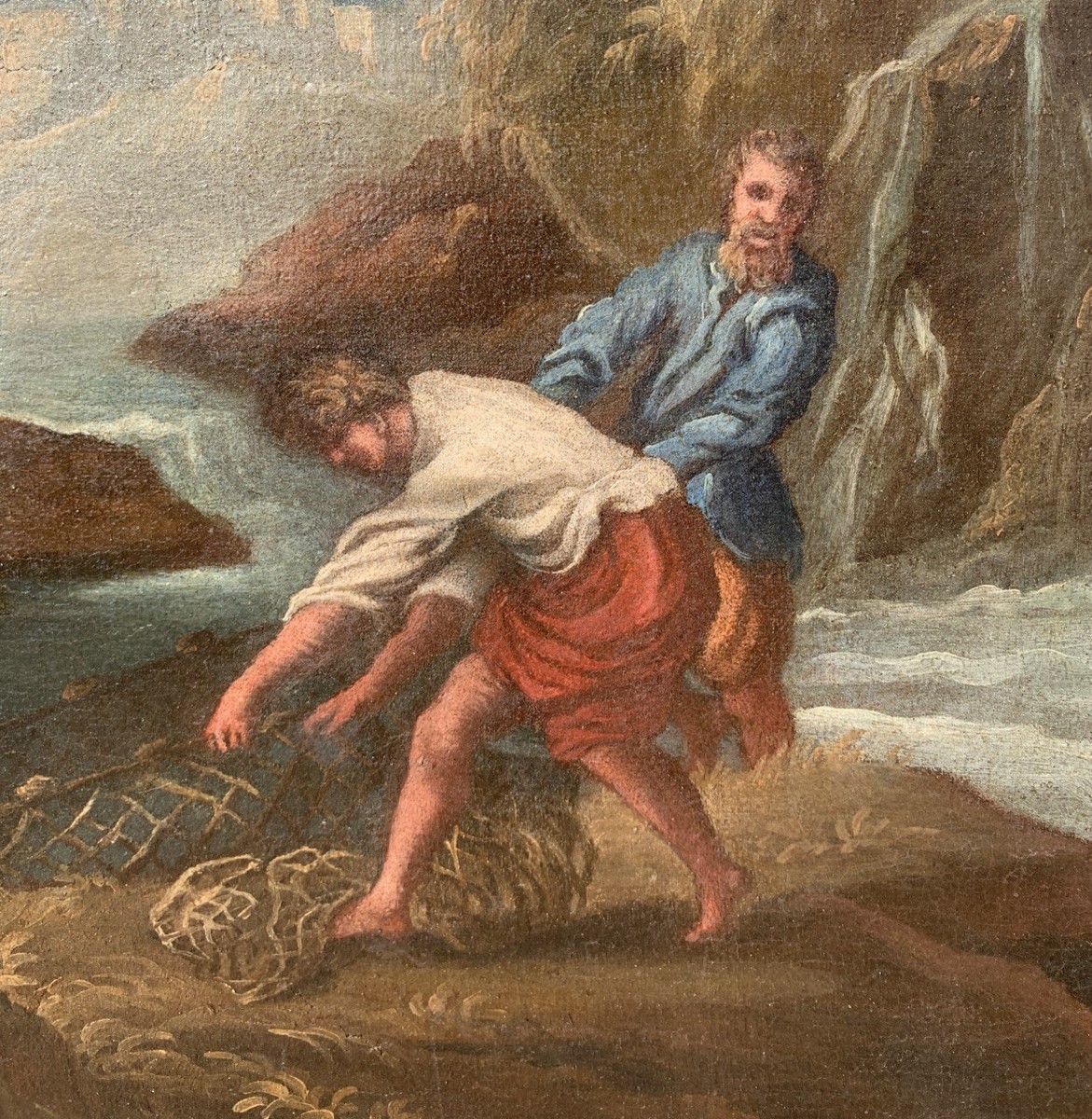 Pittore italiano (XVII-XVIII secolo) - Paesaggio fluviale con pescatori. -photo-1