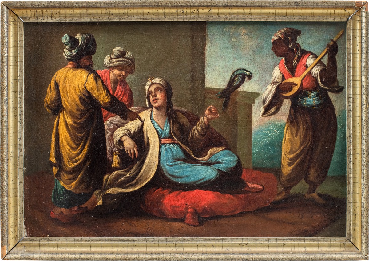 Pittore veneziano (XVIII secolo) - Nobili turchi con pappagallo e suonatore.
