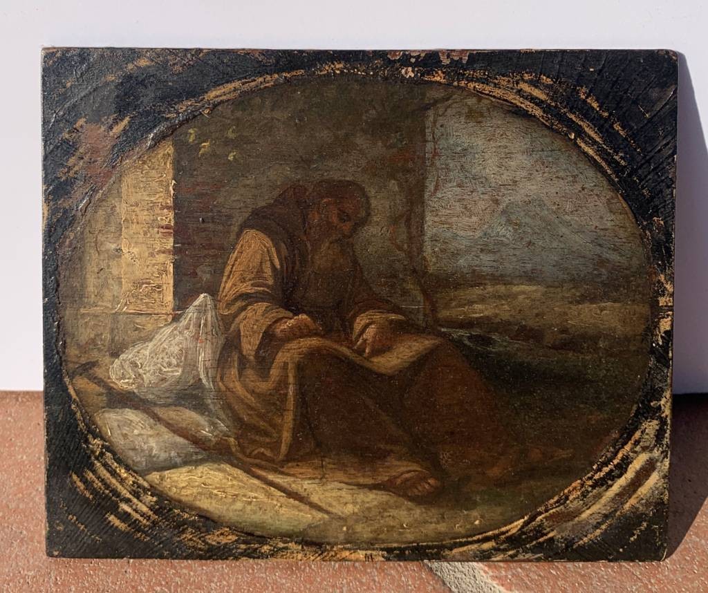 Pittore italiano (XVII-XVIII sec.) - Frate francescano pellegrino assiso a scrivere-photo-4