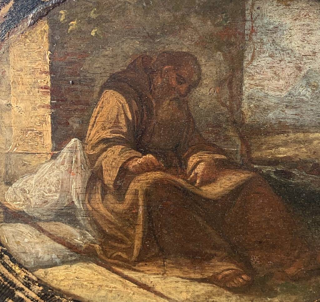Pittore italiano (XVII-XVIII sec.) - Frate francescano pellegrino assiso a scrivere-photo-1