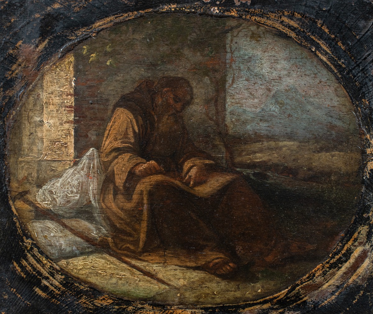 Pittore italiano (XVII-XVIII sec.) - Frate francescano pellegrino assiso a scrivere
