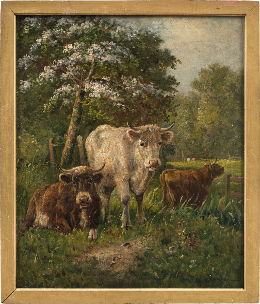 Pittore europeo (fine XIX sec.) - Mucche al pascolo.