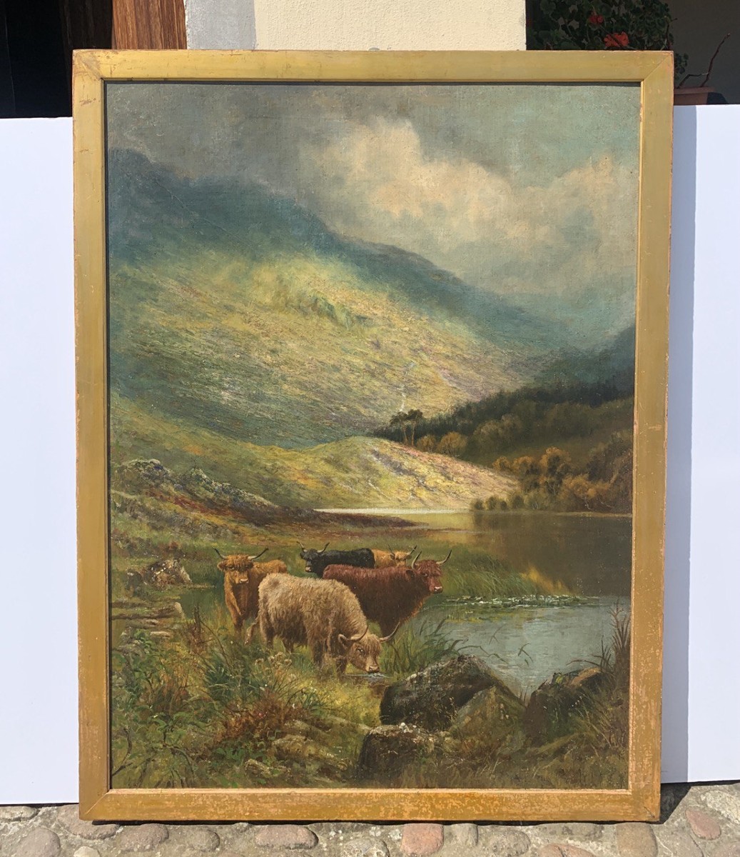 Pittore inglese (fine XIX sec.) - Paesaggio con mandria di Highlands al lago.-photo-4