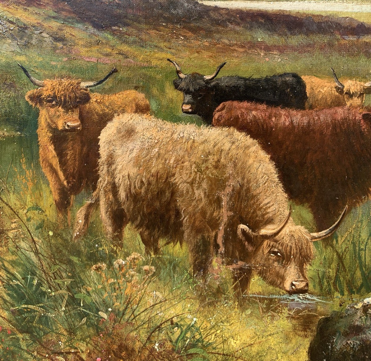 Pittore inglese (fine XIX sec.) - Paesaggio con mandria di Highlands al lago.-photo-1