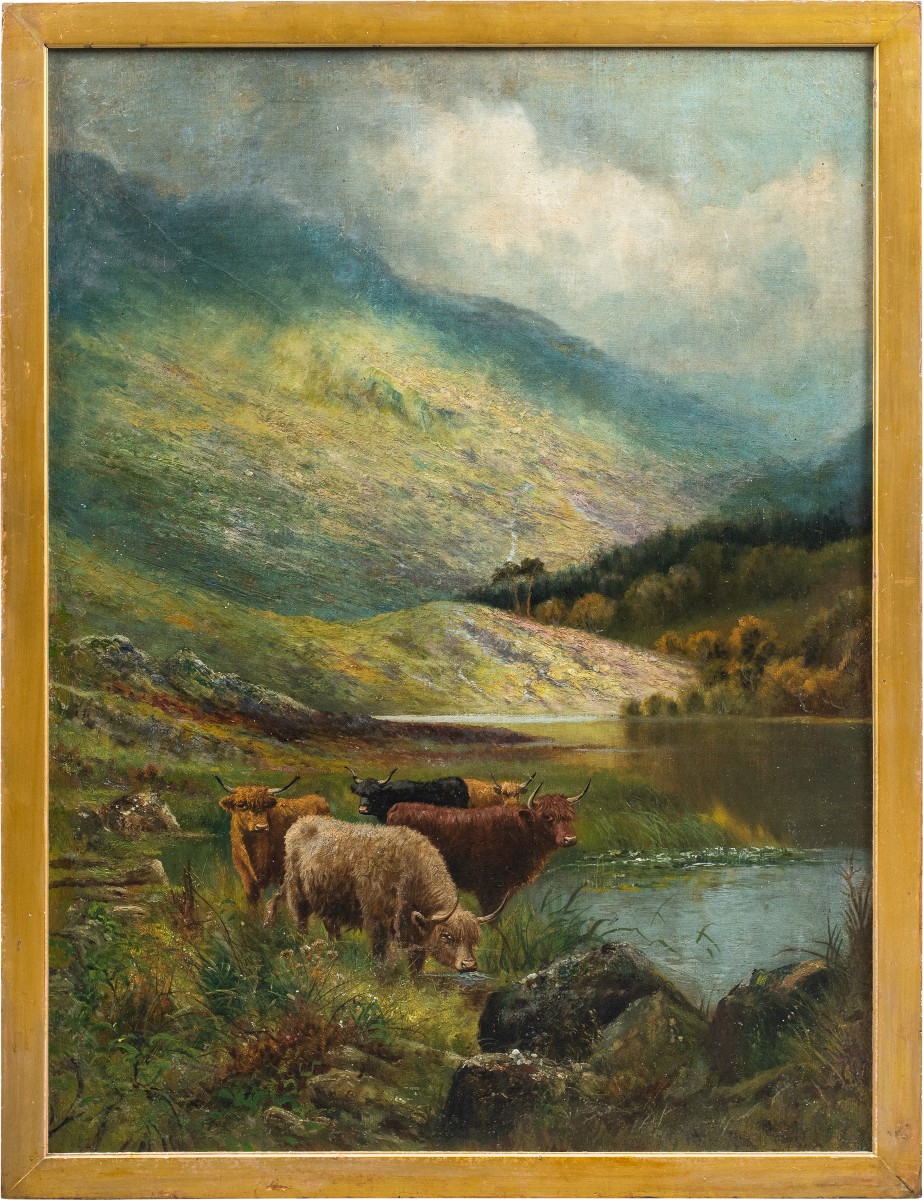Pittore inglese (fine XIX sec.) - Paesaggio con mandria di Highlands al lago.