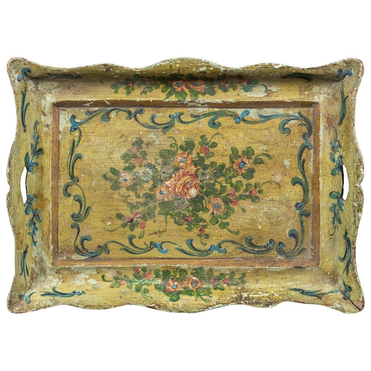 Vassoio in legno laccato e dipinto. Venezia, XVIII secolo.