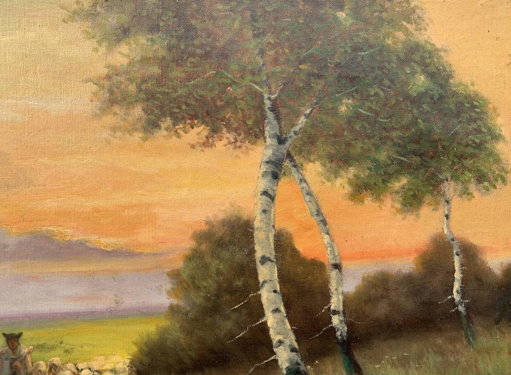 Pittore inglese (XIX sec.) - Paesaggio con gregge al tramonto.-photo-2