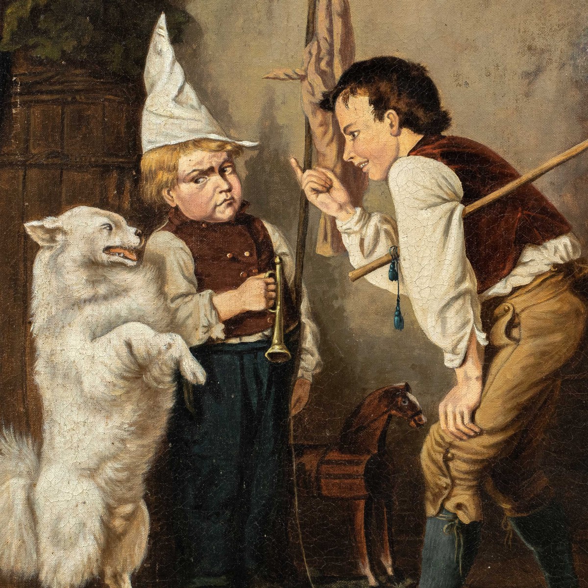 Pittore realista tedesco (XIX sec.) - Due bambini giocano con il cane ammaestrato.-photo-2