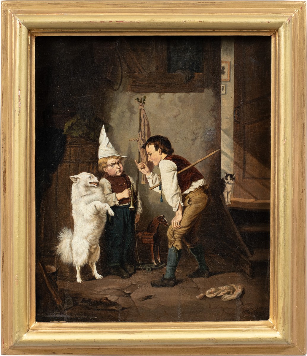 Pittore realista tedesco (XIX sec.) - Due bambini giocano con il cane ammaestrato.