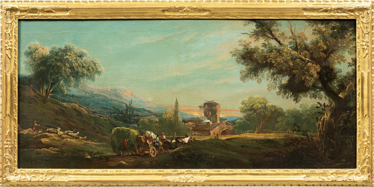 Antonio Diziani (Venezia 1737 - Venezia 1797) - Paesaggio bucolico con personaggi e carro.
