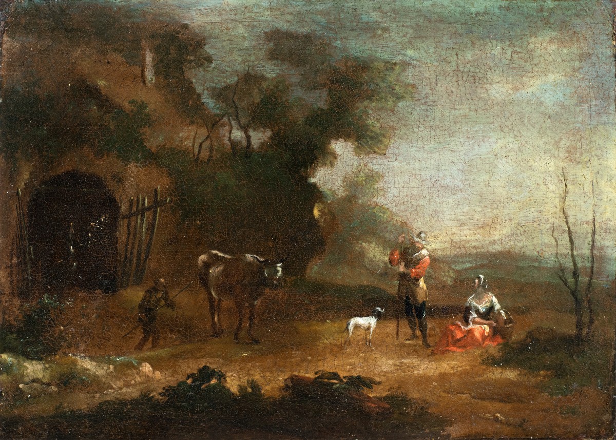 Pittore italiano (XVIII sec.) - Paesaggio con pastori a riposo.