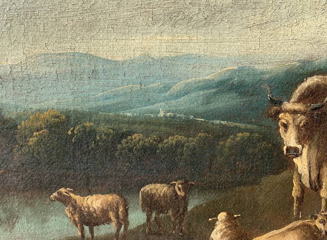 Pittore italiano (XVIII sec.) - Paesaggio arcadico con pastori e gregge.-photo-2
